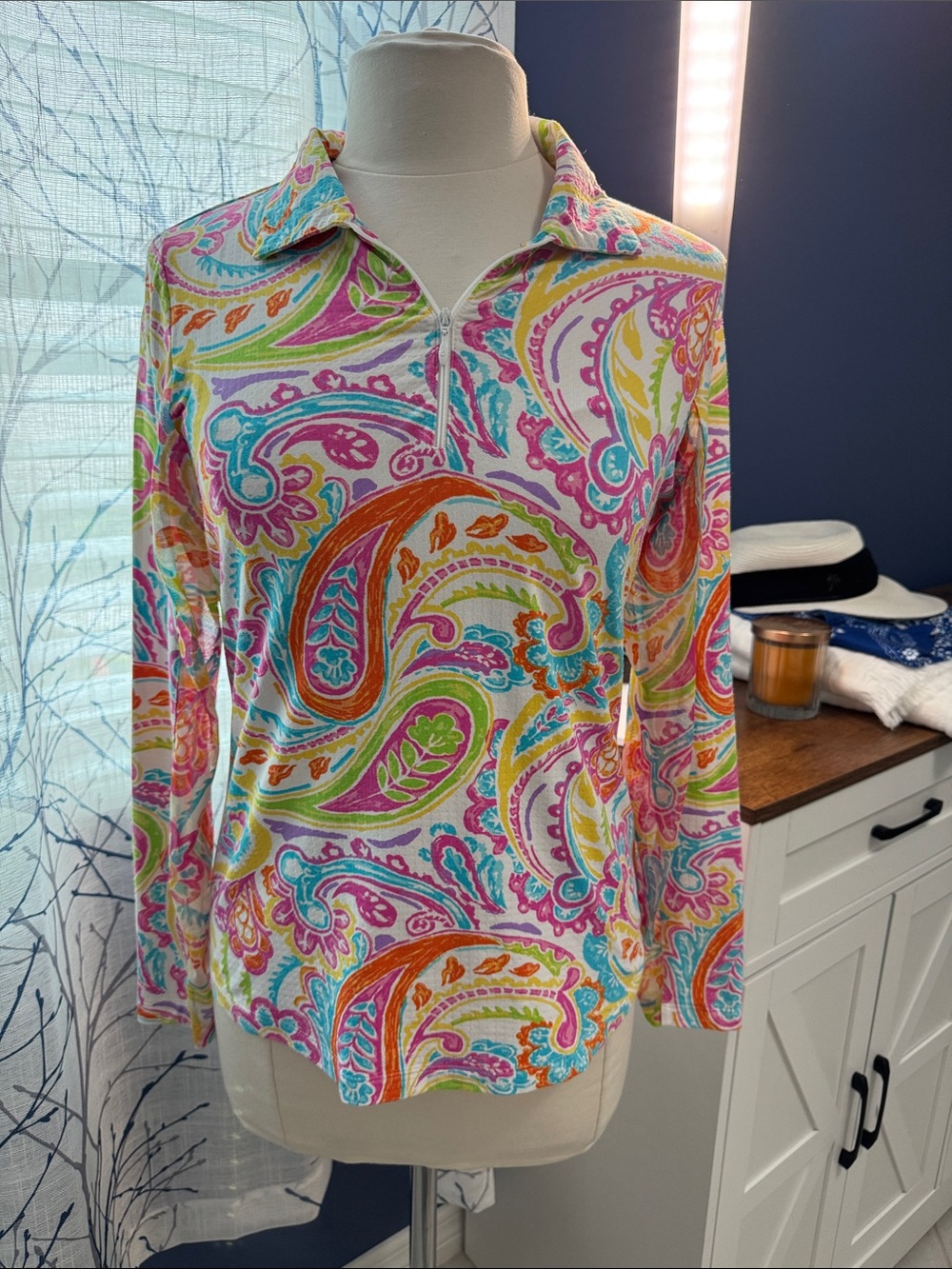 IBKUL- Paisley Zip-Front Long Sleeve Top - Multicolor
